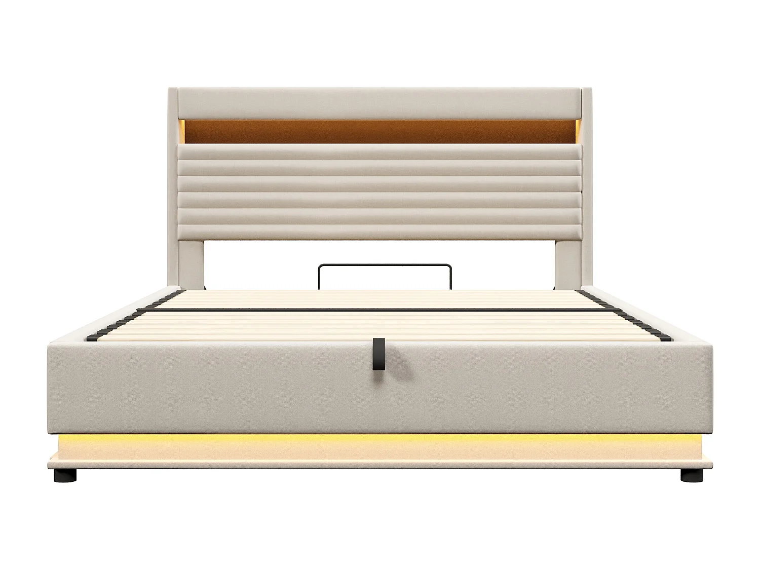 Lit coffre rembourré 180x200 cm - avec port USB Type-C - avec éclairage LED - avec compartiment de rangement - Beige (matelas non inclus)
