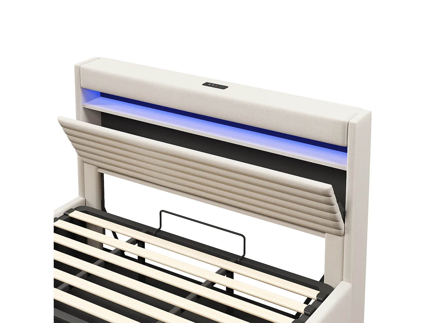 Lit coffre rembourré 180x200 cm - avec port USB Type-C - avec éclairage LED - avec compartiment de rangement - Beige (matelas non inclus)
