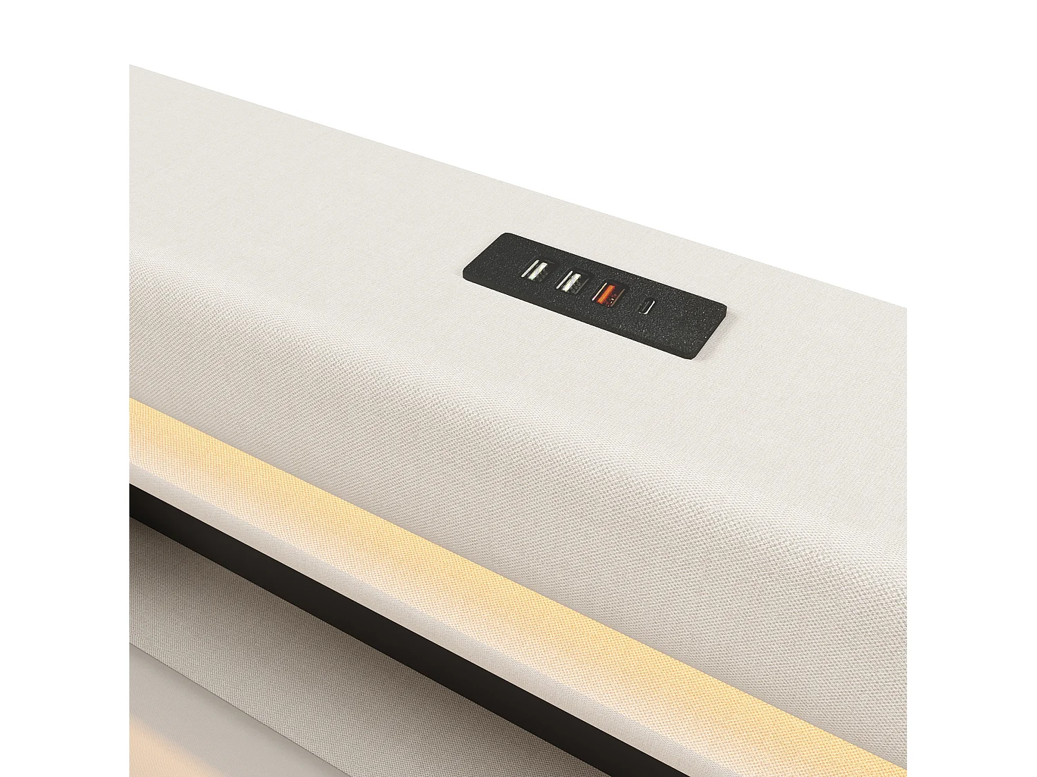 Lit coffre rembourré 180x200 cm - avec port USB Type-C - avec éclairage LED - avec compartiment de rangement - Beige (matelas non inclus)