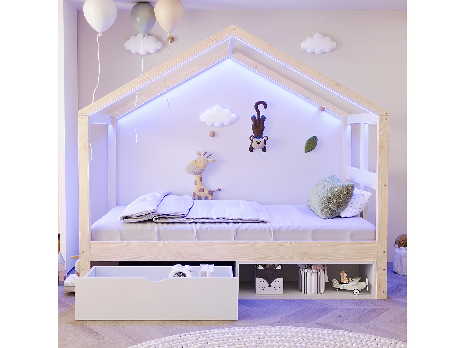Lit cabane enfant 90×190 cm - avec 1 tiroir - avec lumière LED - sommier à lattes - naturel (matelas non inclus)