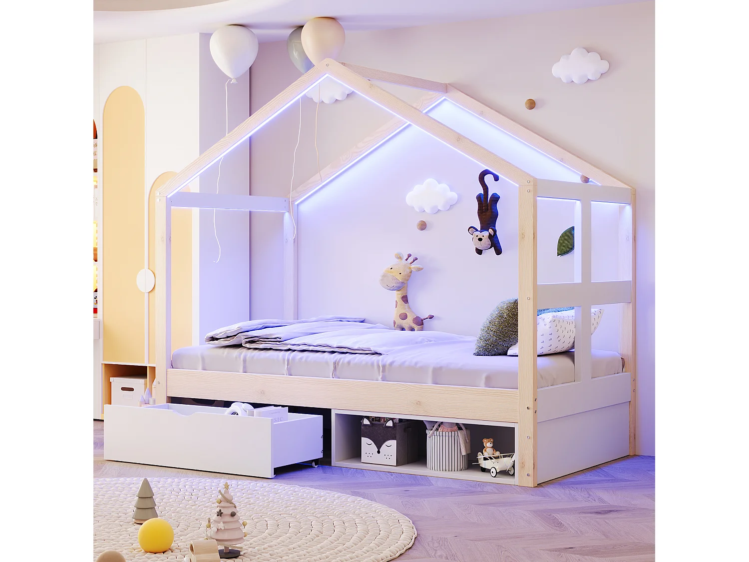 Lit cabane enfant 90×190 cm - avec 1 tiroir - avec lumière LED - sommier à lattes - naturel (matelas non inclus)