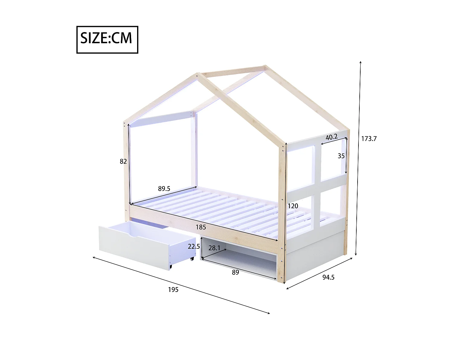 Lit cabane enfant 90×190 cm - avec 1 tiroir - avec lumière LED - sommier à lattes - naturel (matelas non inclus)