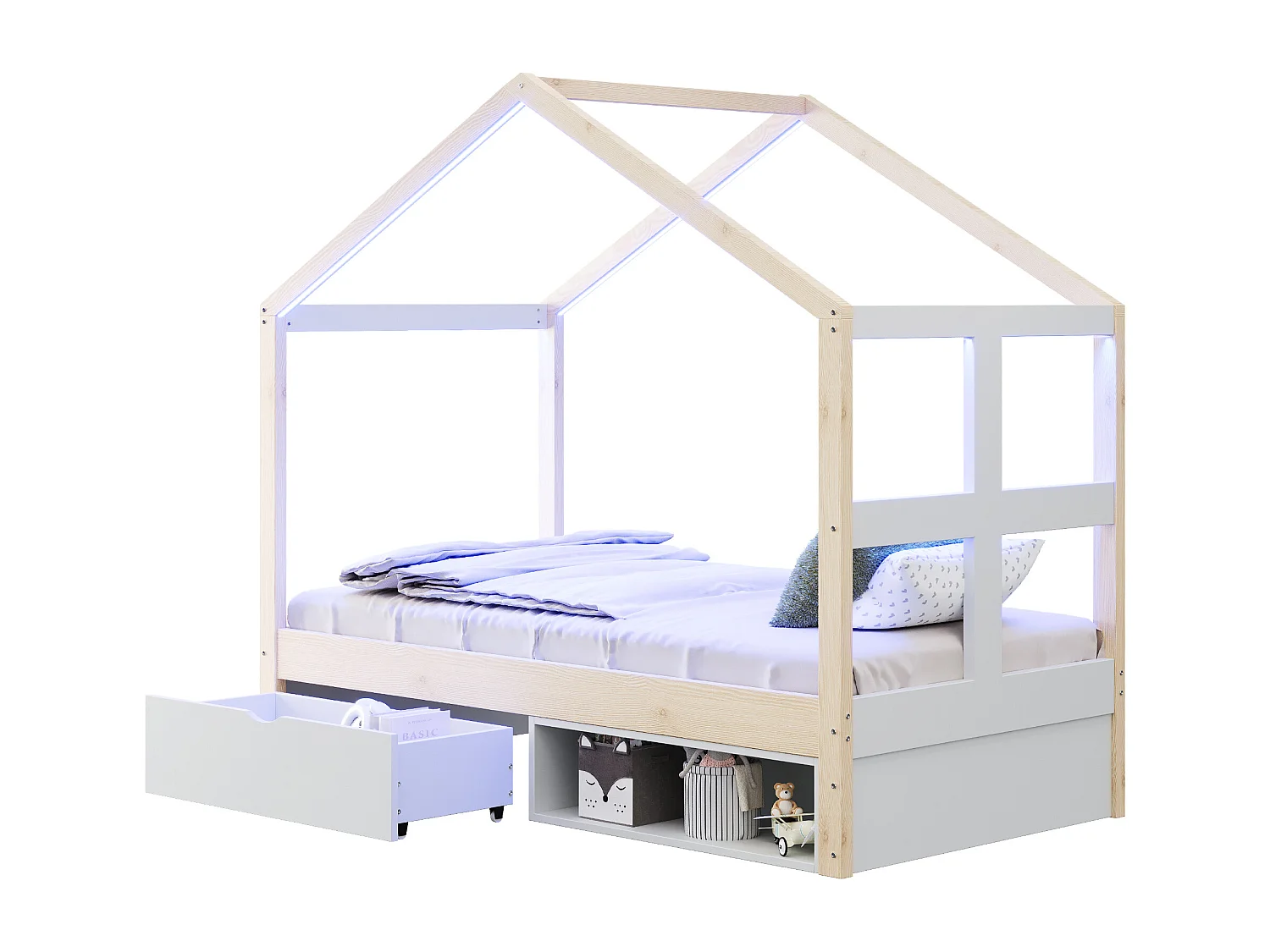 Lit cabane enfant 90×190 cm - avec 1 tiroir - avec lumière LED - sommier à lattes - naturel (matelas non inclus)