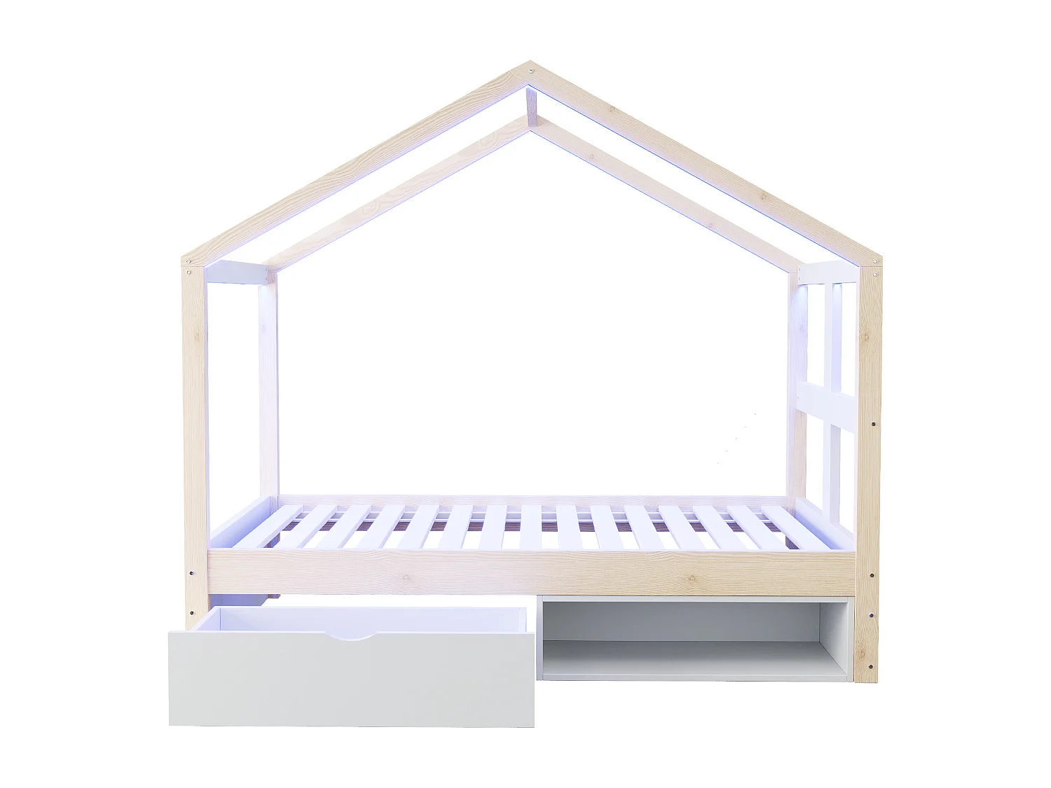 Lit cabane enfant 90×190 cm - avec 1 tiroir - avec lumière LED - sommier à lattes - naturel (matelas non inclus)