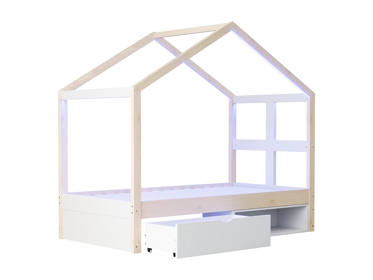 Lit cabane enfant 90×190 cm - avec 1 tiroir - avec lumière LED - sommier à lattes - naturel (matelas non inclus)