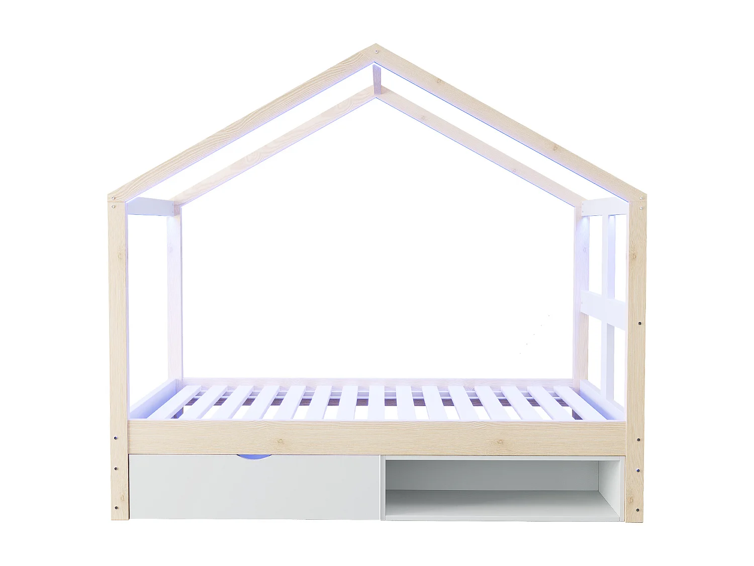 Lit cabane enfant 90×190 cm - avec 1 tiroir - avec lumière LED - sommier à lattes - naturel (matelas non inclus)
