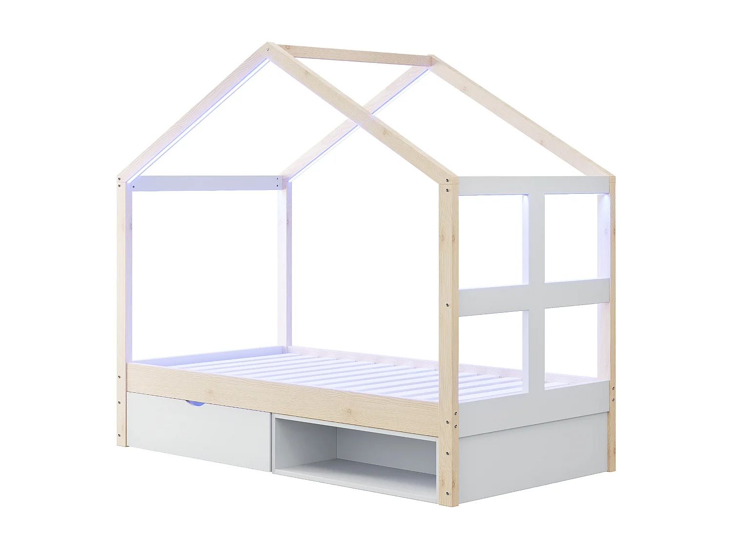 Lit cabane enfant 90×190 cm - avec 1 tiroir - avec lumière LED - sommier à lattes - naturel (matelas non inclus)