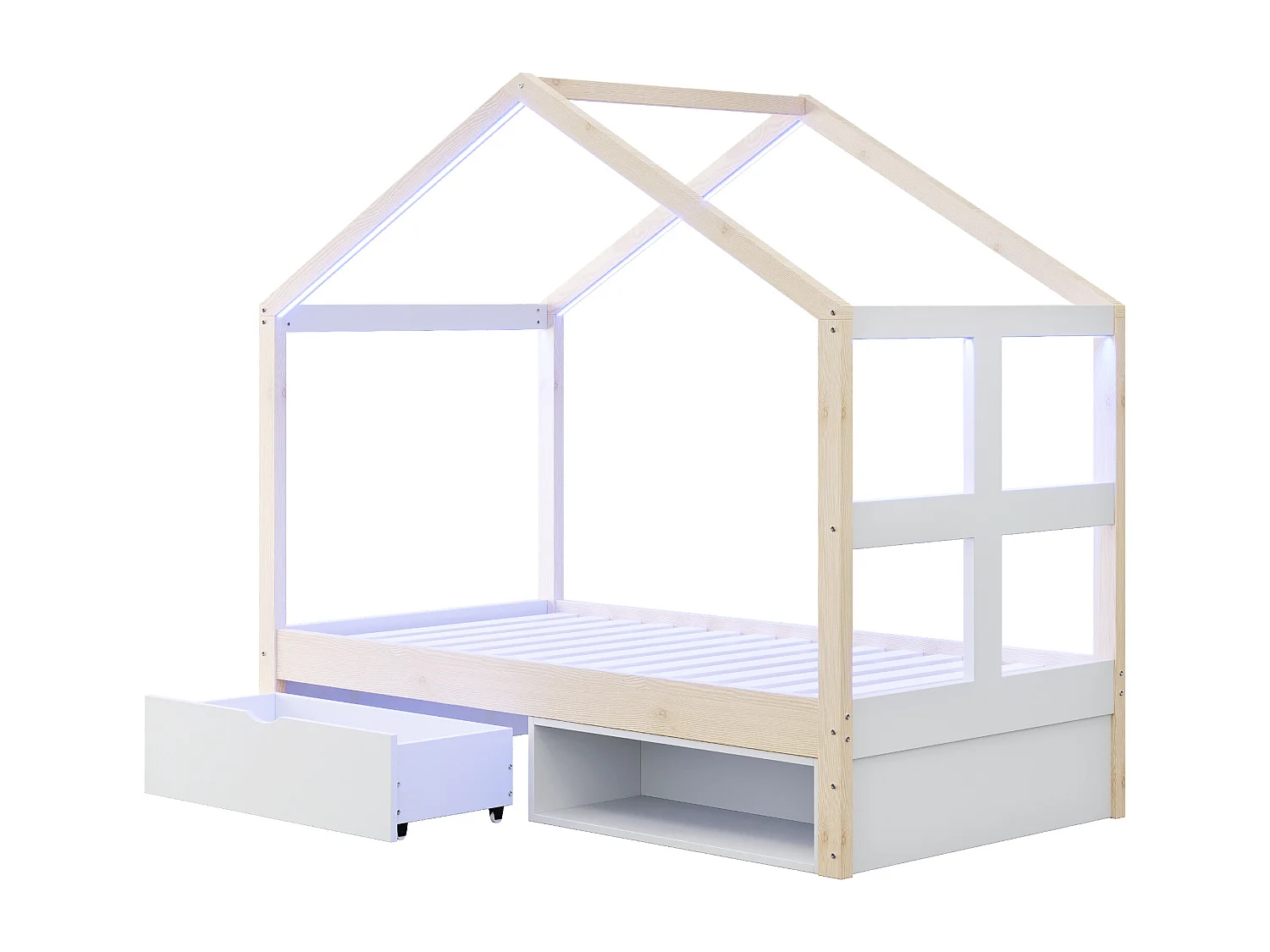 Lit cabane enfant 90×190 cm - avec 1 tiroir - avec lumière LED - sommier à lattes - naturel (matelas non inclus)
