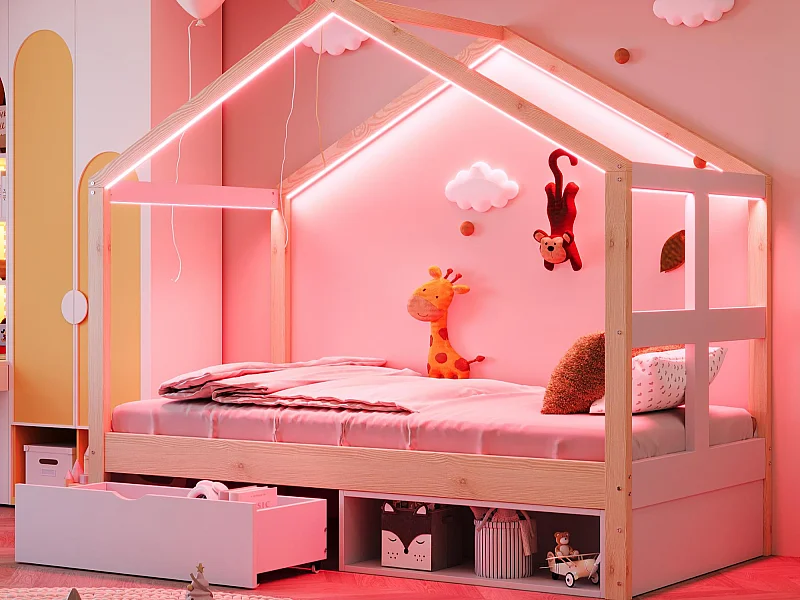 Cabaña cama infantil 90x190 cm - con 1 cajón - con luz LED - somier de láminas - natural​ (colchón no incluido)