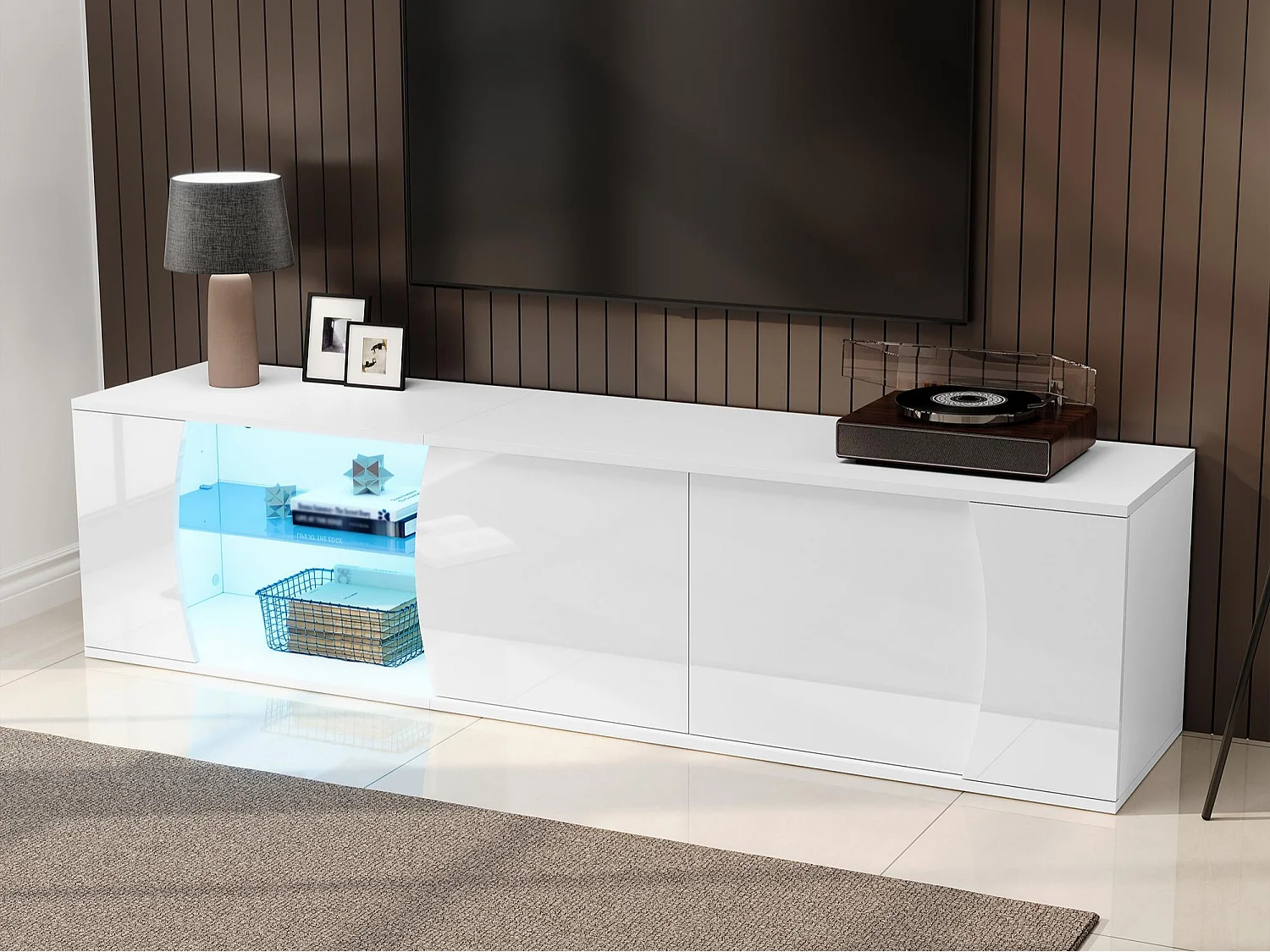 Hochglanz lackierter TV-Schrank 180x40x45 cm - LED-Beleuchtung - 3 Türen - Verglasung aus Sicherheitsglas - Spanplatten - Weiß