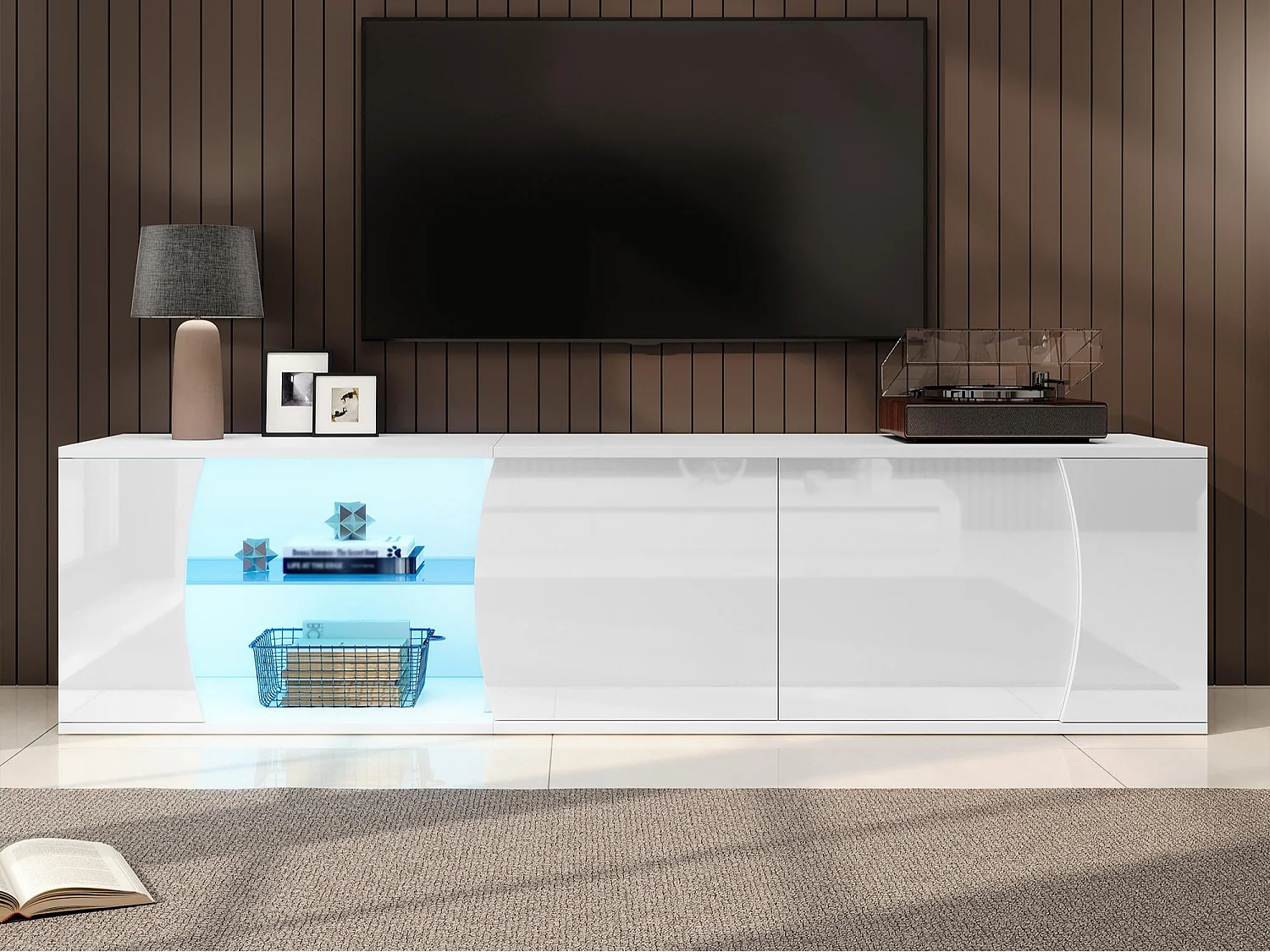 Hochglanz lackierter TV-Schrank 180x40x45 cm - LED-Beleuchtung - 3 Türen - Verglasung aus Sicherheitsglas - Spanplatten - Weiß