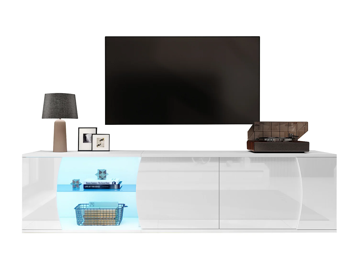 Hochglanz lackierter TV-Schrank 180x40x45 cm - LED-Beleuchtung - 3 Türen - Verglasung aus Sicherheitsglas - Spanplatten - Weiß