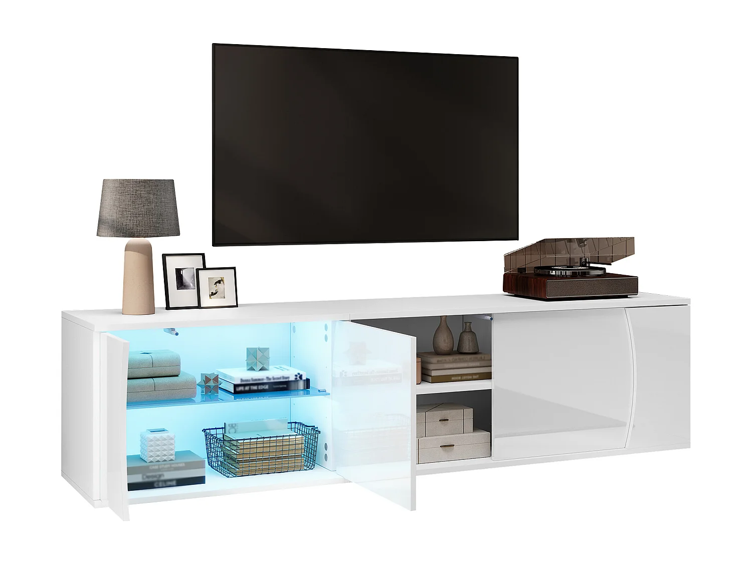 Hochglanz lackierter TV-Schrank 180x40x45 cm - LED-Beleuchtung - 3 Türen - Verglasung aus Sicherheitsglas - Spanplatten - Weiß