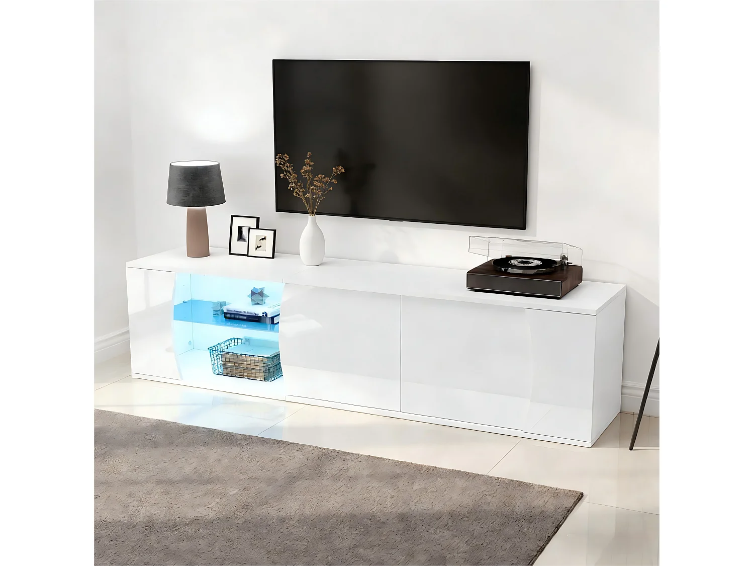 Hochglanz lackierter TV-Schrank 180x40x45 cm - LED-Beleuchtung - 3 Türen - Verglasung aus Sicherheitsglas - Spanplatten - Weiß