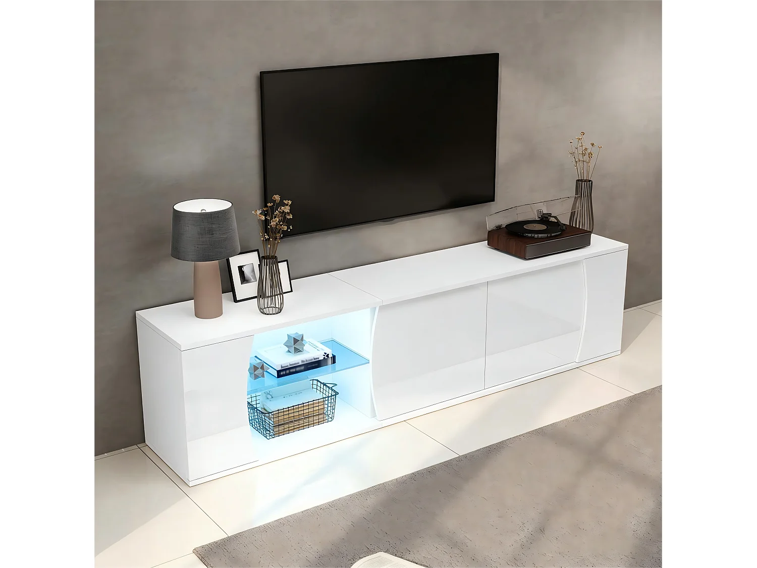Hochglanz lackierter TV-Schrank 180x40x45 cm - LED-Beleuchtung - 3 Türen - Verglasung aus Sicherheitsglas - Spanplatten - Weiß