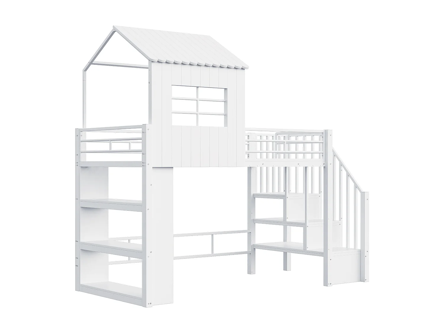 Lit mezzanine 90×200 cm - avec barrières de sécurité - avec étagères de rangement - avec escalier de sécurité - blanc (matelas non inclus)