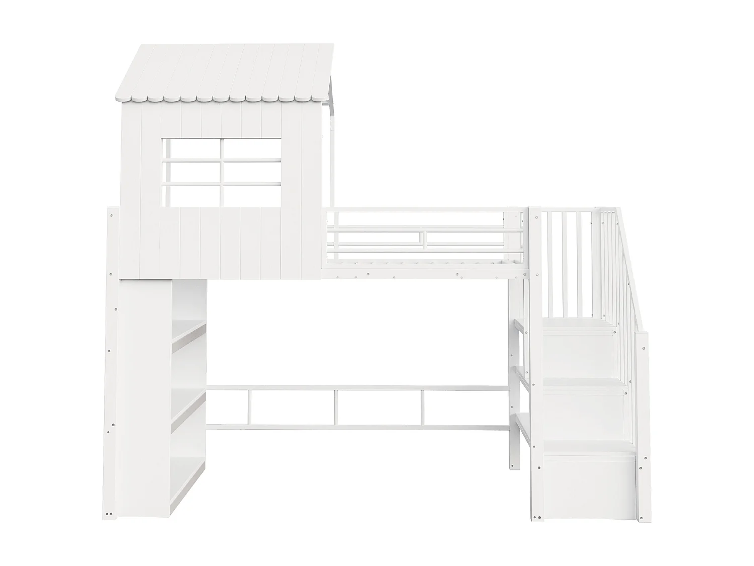 Lit mezzanine 90×200 cm - avec barrières de sécurité - avec étagères de rangement - avec escalier de sécurité - blanc (matelas non inclus)
