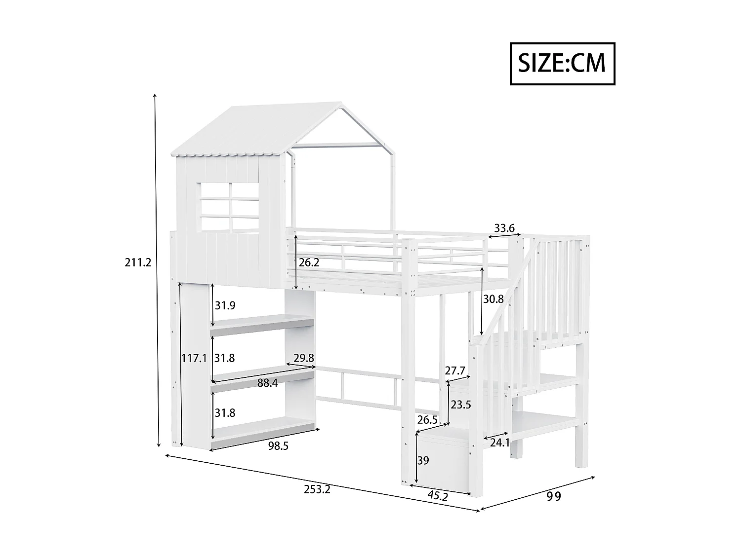 Letto soppalcato 90x200 cm - con barriere di sicurezza - con ripiani di riporre - con scala di sicurezza - bianco​ (materasso non incluso)