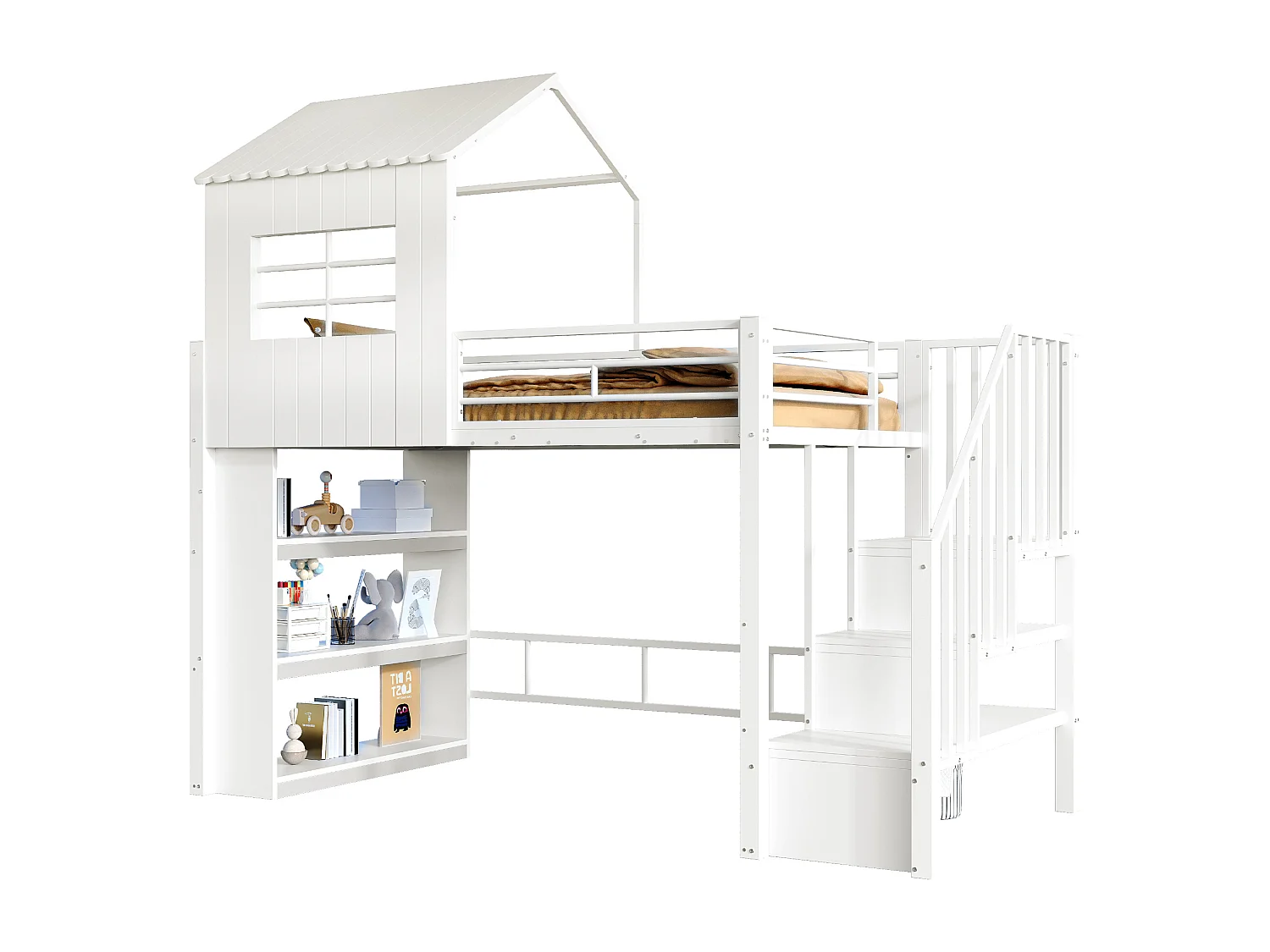 Letto soppalcato 90x200 cm - con barriere di sicurezza - con ripiani di riporre - con scala di sicurezza - bianco​ (materasso non incluso)