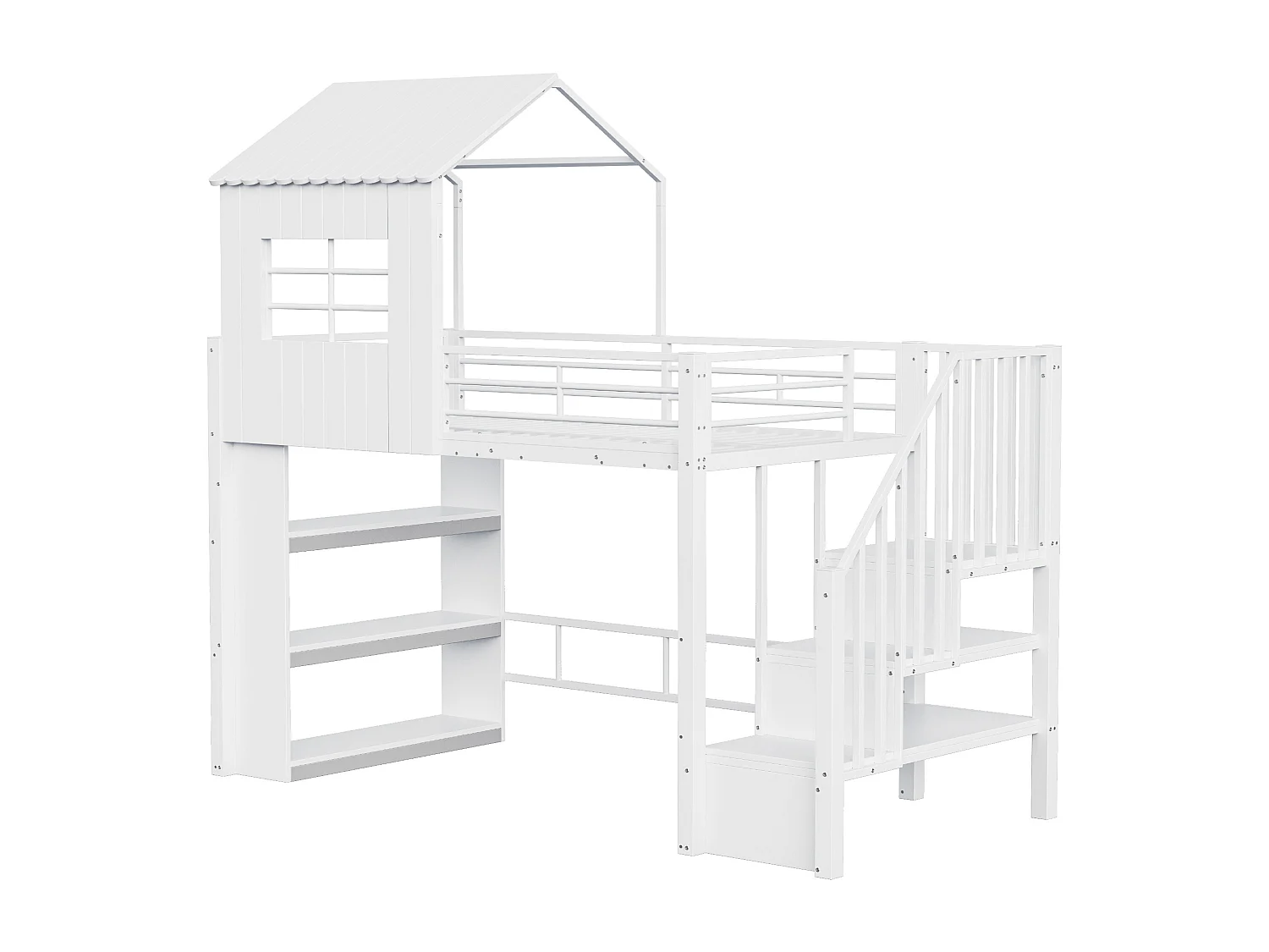 Letto soppalcato 90x200 cm - con barriere di sicurezza - con ripiani di riporre - con scala di sicurezza - bianco​ (materasso non incluso)