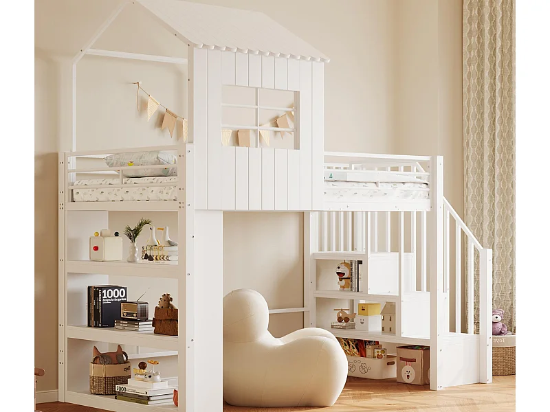 Lit mezzanine 90×200 cm - avec barrières de sécurité - avec étagères de rangement - avec escalier de sécurité - blanc (matelas non inclus)