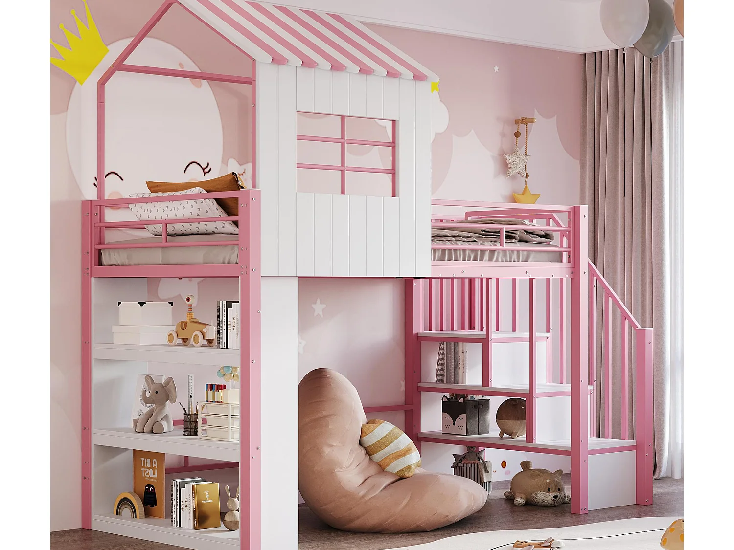 Lit mezzanine 90×200 cm - avec barrières de sécurité - avec étagères de rangement - avec escalier de sécurité - Rose (matelas non inclus)