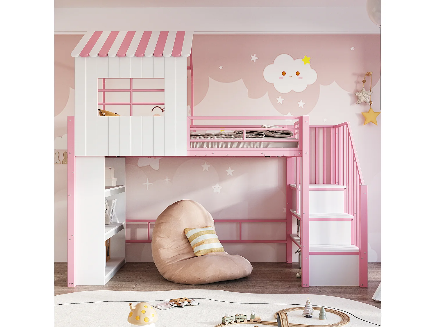 Lit mezzanine 90×200 cm - avec barrières de sécurité - avec étagères de rangement - avec escalier de sécurité - Rose (matelas non inclus)