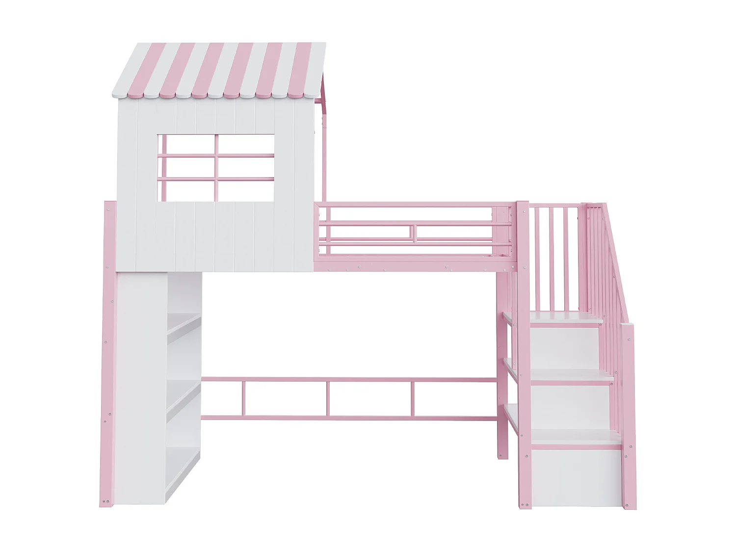 Lit mezzanine 90×200 cm - avec barrières de sécurité - avec étagères de rangement - avec escalier de sécurité - Rose (matelas non inclus)