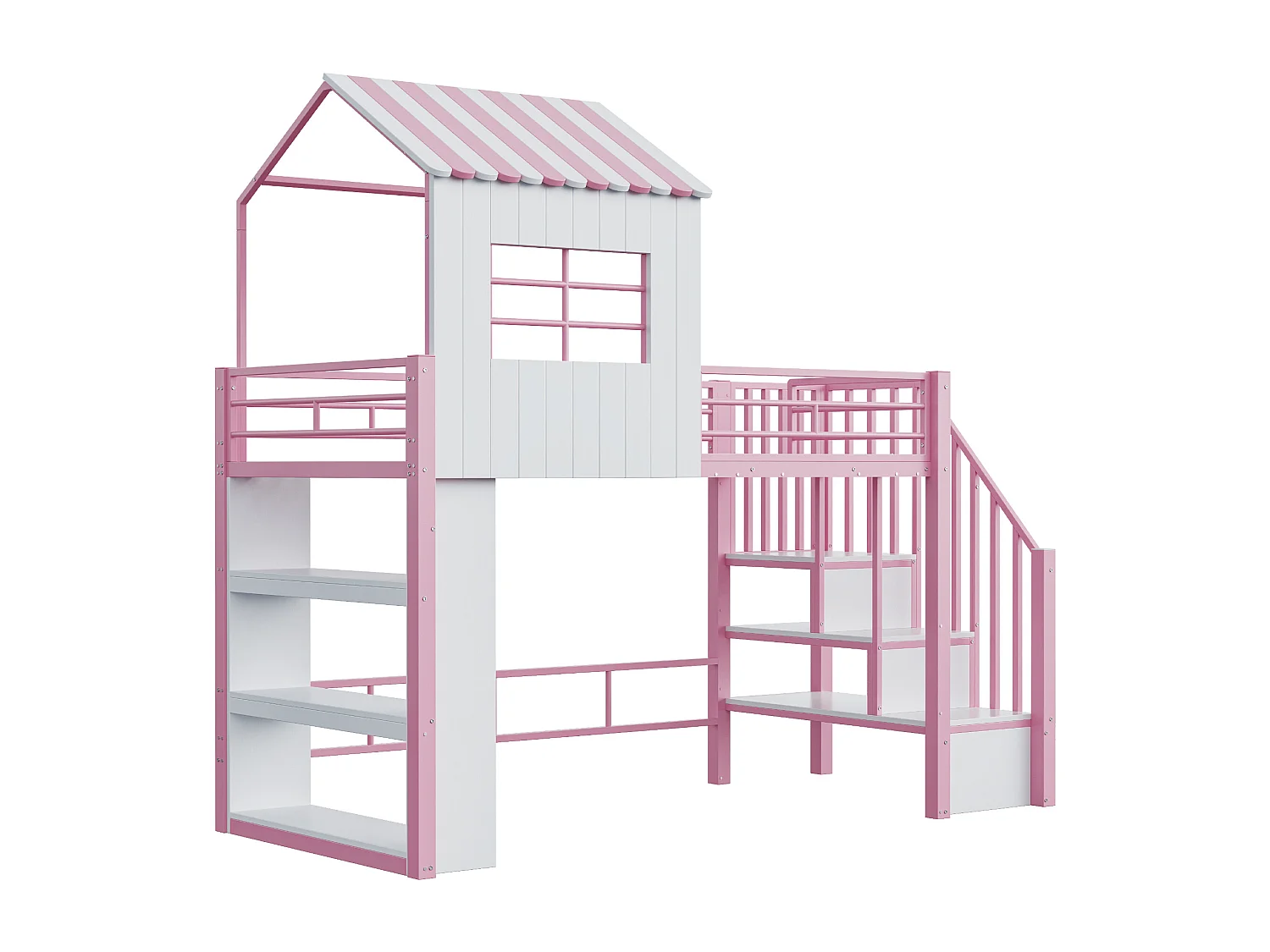 Lit mezzanine 90×200 cm - avec barrières de sécurité - avec étagères de rangement - avec escalier de sécurité - Rose (matelas non inclus)