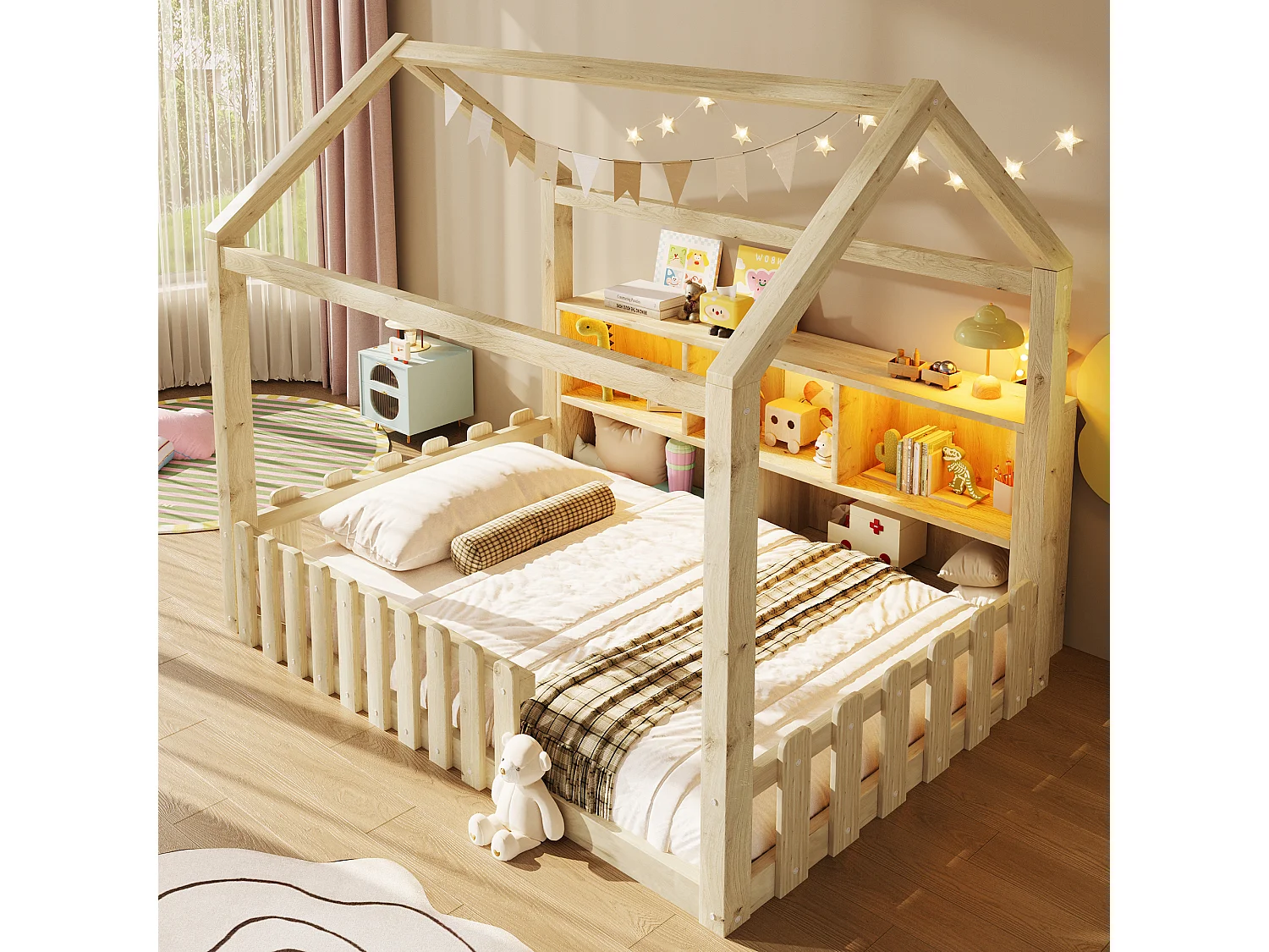 Lit cabane enfant 90x190 cm - avec barrières de sécurité - avec bande lumineuse LED - compartiments de rangement ouverts - naturel (matelas non inclus)