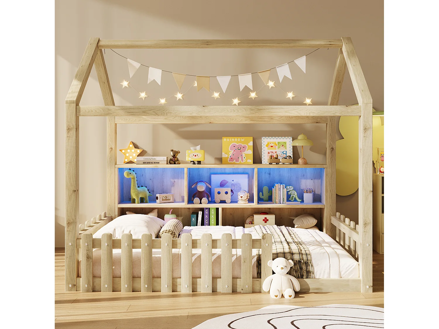 Lit cabane enfant 90x190 cm - avec barrières de sécurité - avec bande lumineuse LED - compartiments de rangement ouverts - naturel (matelas non inclus)