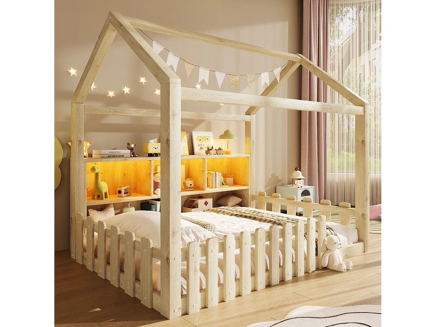 Lit cabane enfant 90x190 cm - avec barrières de sécurité - avec bande lumineuse LED - compartiments de rangement ouverts - naturel (matelas non inclus)