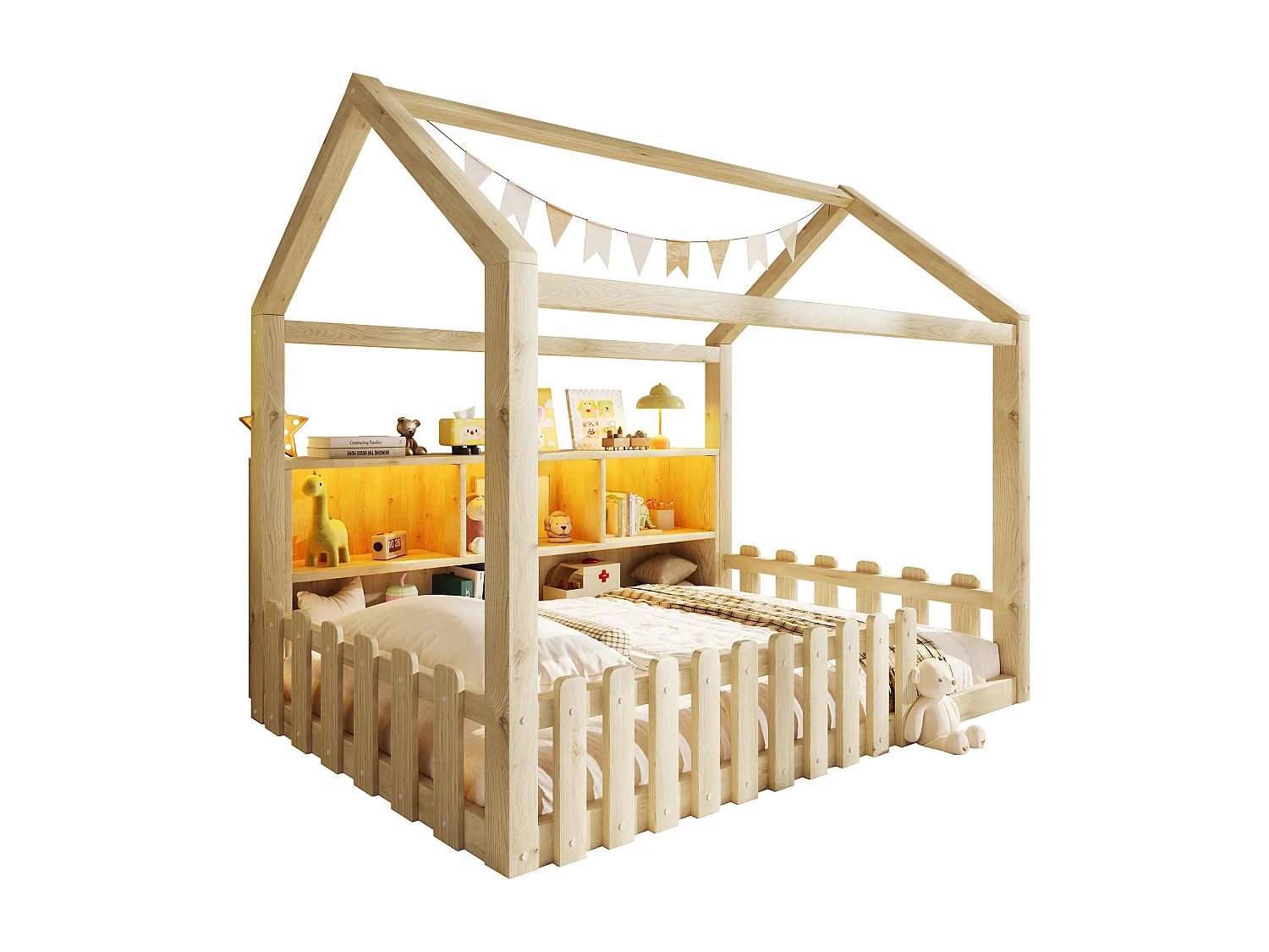 Lit cabane enfant 90x190 cm - avec barrières de sécurité - avec bande lumineuse LED - compartiments de rangement ouverts - naturel (matelas non inclus)