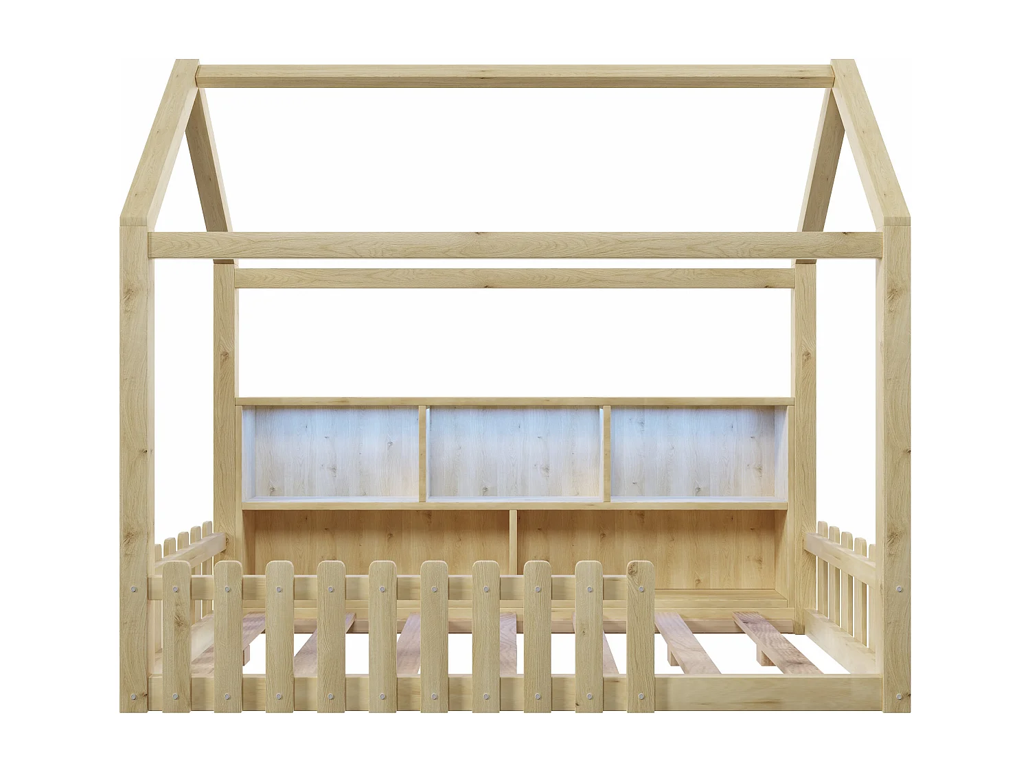 Lit cabane enfant 90x190 cm - avec barrières de sécurité - avec bande lumineuse LED - compartiments de rangement ouverts - naturel (matelas non inclus)