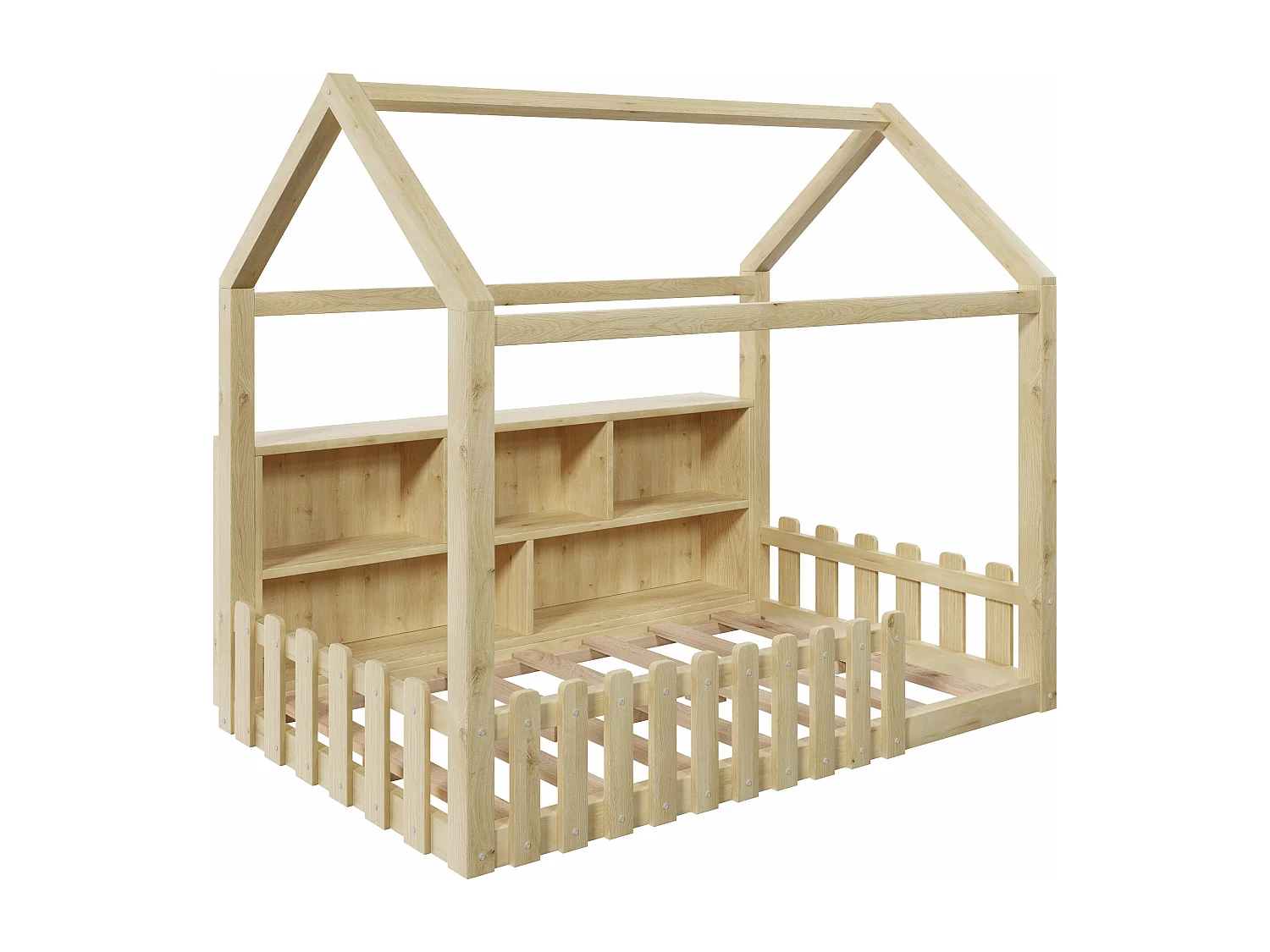 Lit cabane enfant 90x190 cm - avec barrières de sécurité - avec bande lumineuse LED - compartiments de rangement ouverts - naturel (matelas non inclus)