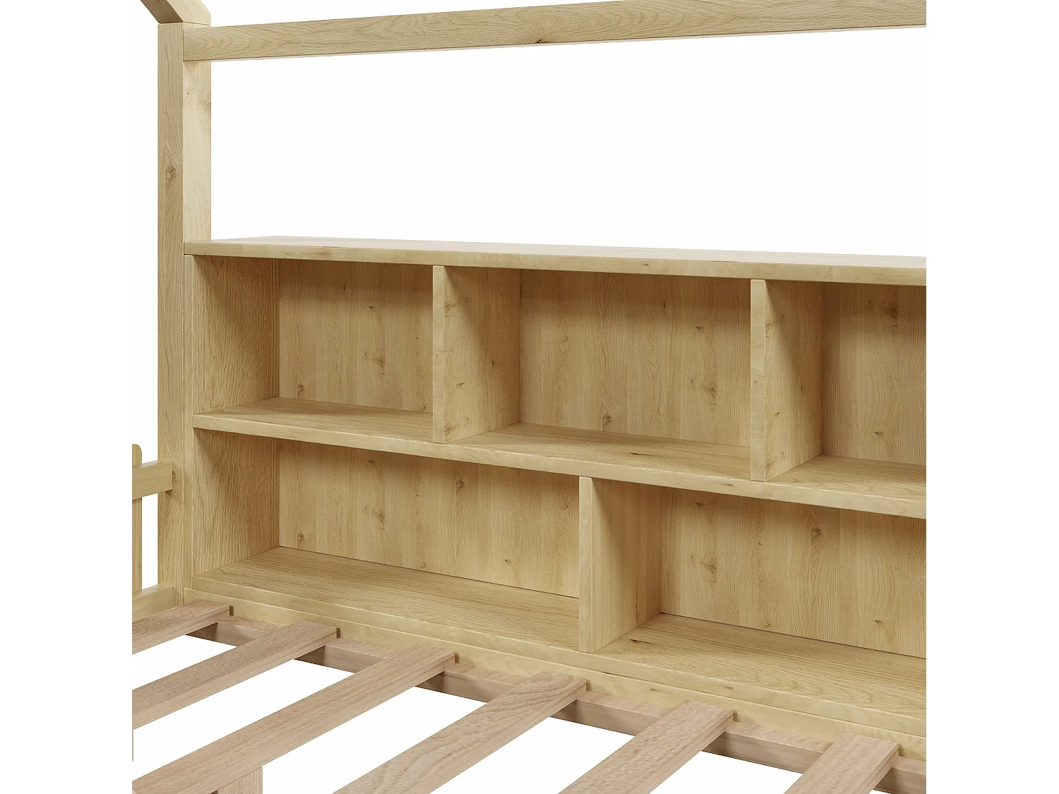 Lit cabane enfant 90x190 cm - avec barrières de sécurité - avec bande lumineuse LED - compartiments de rangement ouverts - naturel (matelas non inclus)