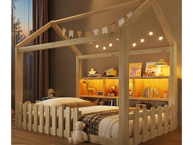 Cama de cabina para niños 90x190 cm - con barreras de seguridad - con tira luminosa LED - compartimentos de almacenamiento abiertos - natural​ (colchón no incluido)