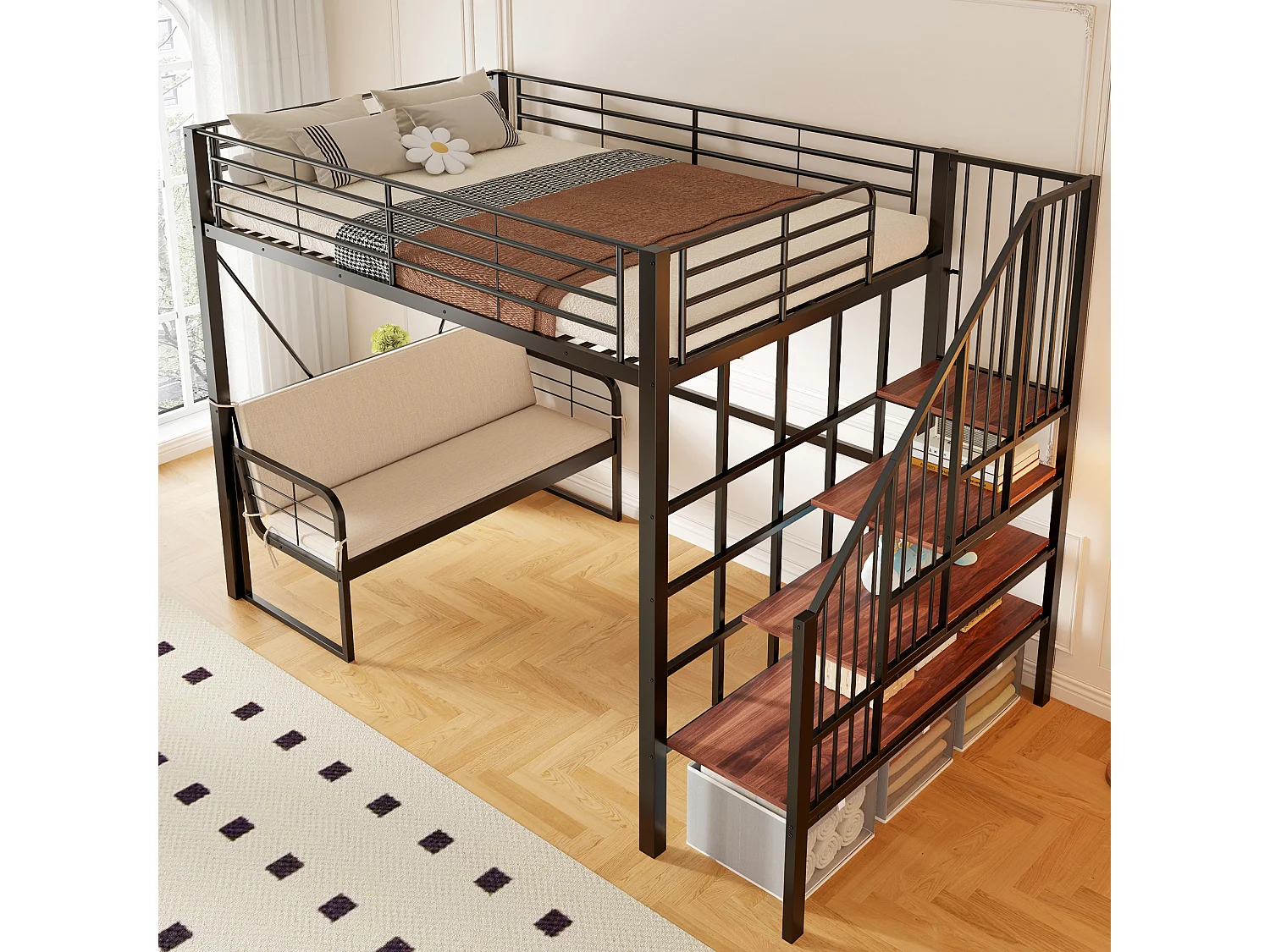 Lit mezzanine 140 x 200 cm - Structure en métal - Avec canapé - Avec escalier - Noir (matelas non inclus)