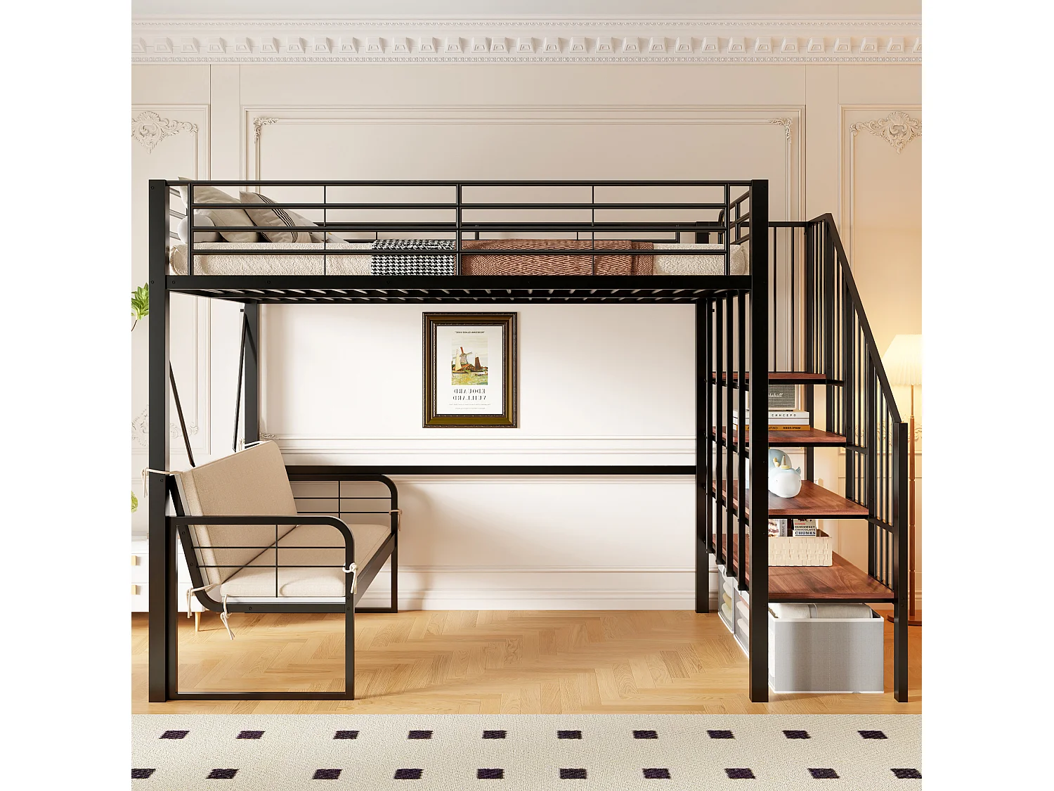 Lit mezzanine 140 x 200 cm - Structure en métal - Avec canapé - Avec escalier - Noir (matelas non inclus)