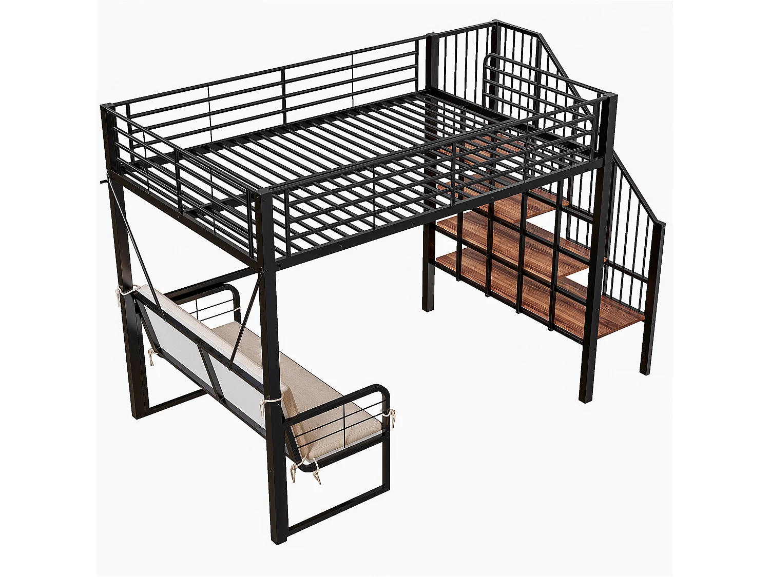 Lit mezzanine 140 x 200 cm - Structure en métal - Avec canapé - Avec escalier - Noir (matelas non inclus)