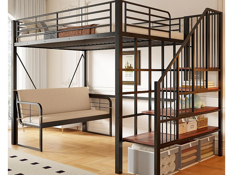 Lit mezzanine 140 x 200 cm - Structure en métal - Avec canapé - Avec escalier - Noir (matelas non inclus)