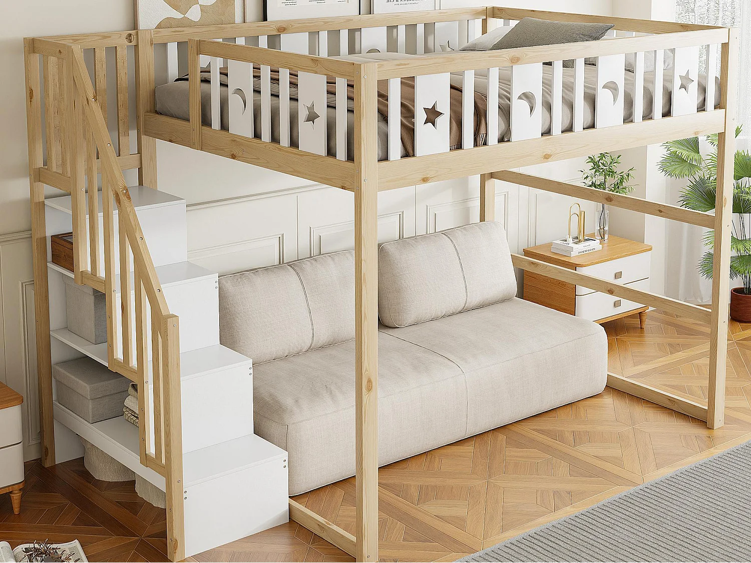 Lit superposé enfant 140x200 - avec escalier - avec barrières de sécurité - naturel (matelas non inclus)