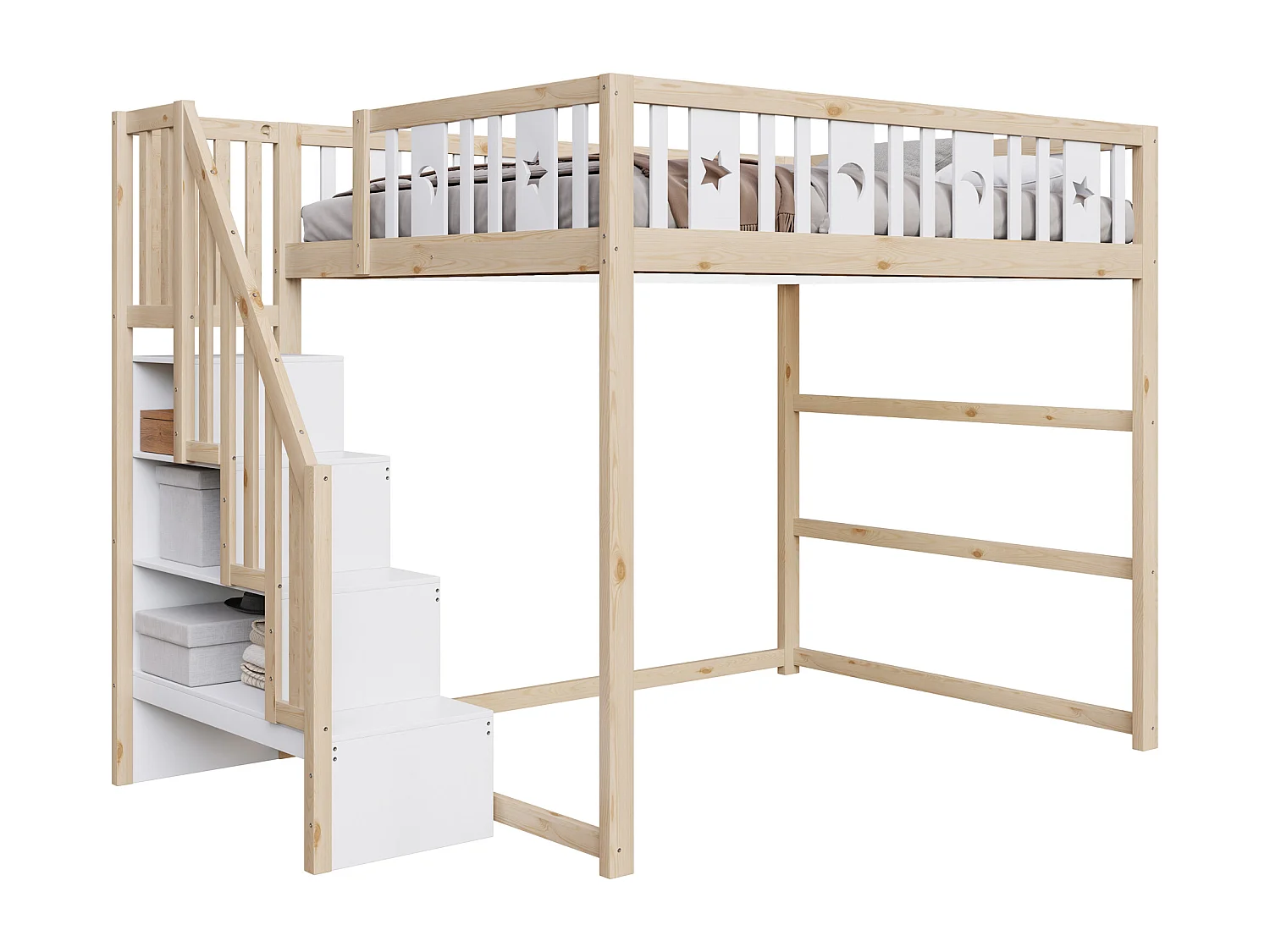 Lit superposé enfant 140x200 - avec escalier - avec barrières de sécurité - naturel (matelas non inclus)