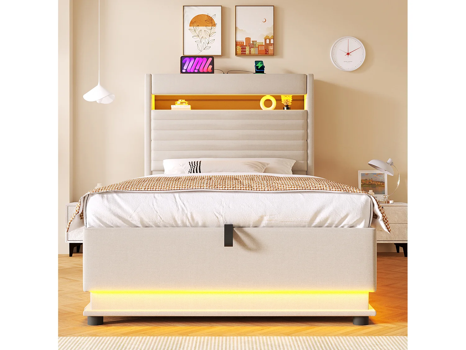 Lit coffre rembourré 90x200 cm - avec port USB Type-C - avec éclairage LED - avec compartiment de rangement - Beige (matelas non inclus)