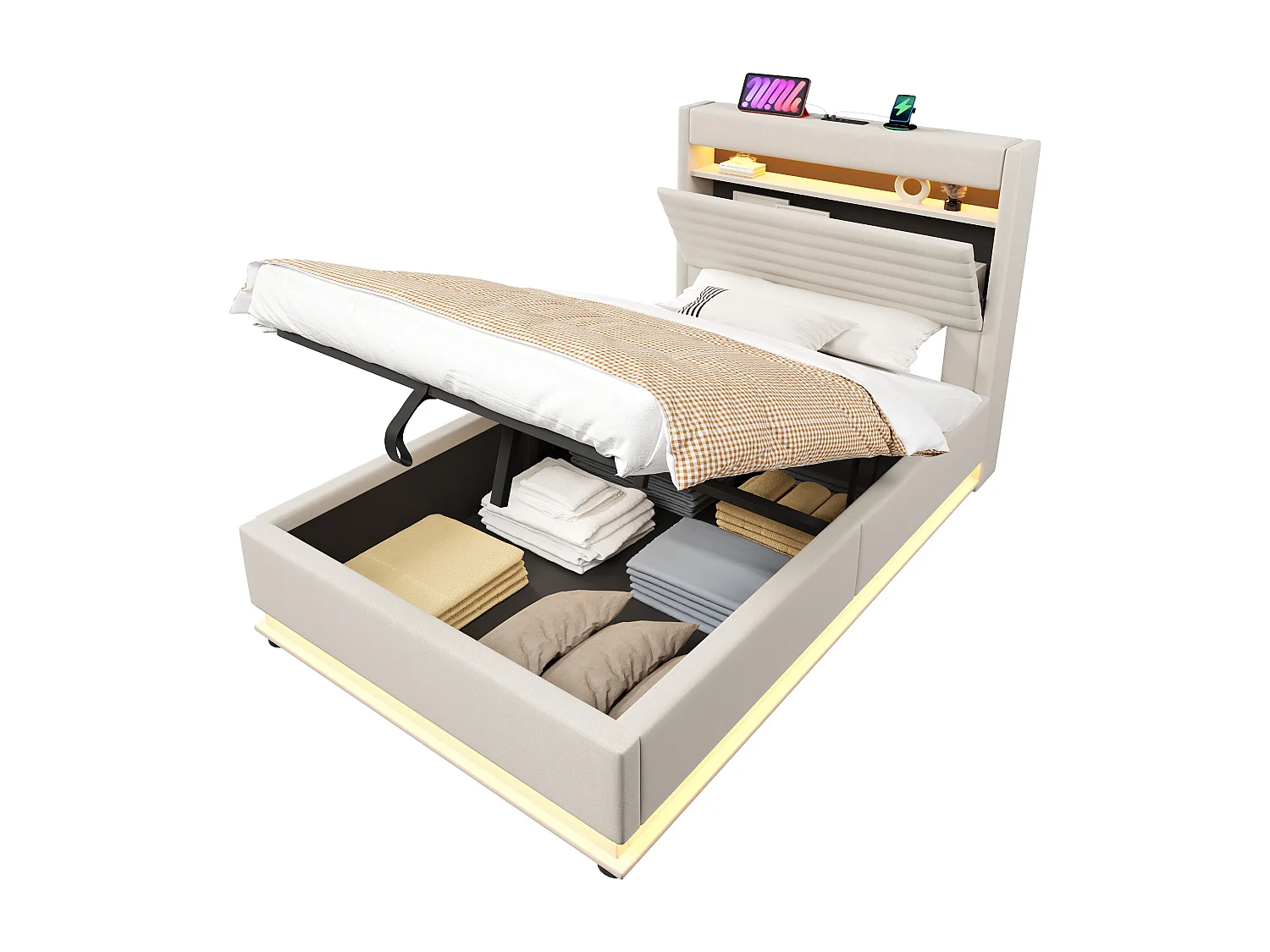 Lit coffre rembourré 90x200 cm - avec port USB Type-C - avec éclairage LED - avec compartiment de rangement - Beige (matelas non inclus)