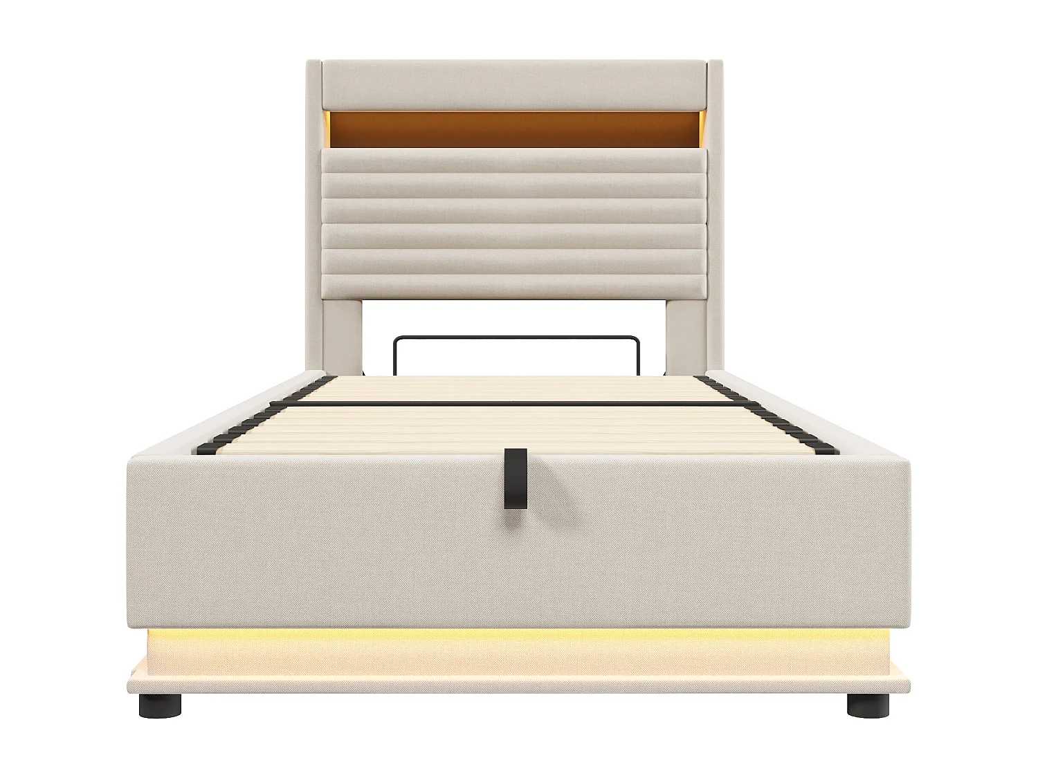 Lit coffre rembourré 90x200 cm - avec port USB Type-C - avec éclairage LED - avec compartiment de rangement - Beige (matelas non inclus)