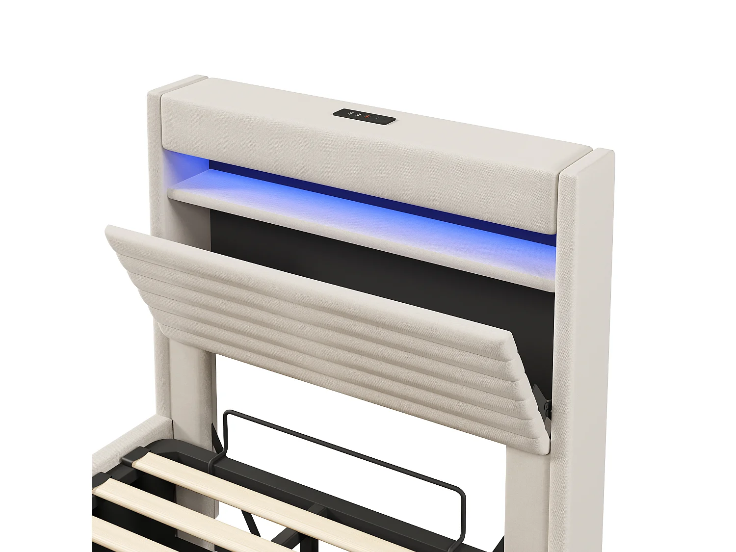 Lit coffre rembourré 90x200 cm - avec port USB Type-C - avec éclairage LED - avec compartiment de rangement - Beige (matelas non inclus)