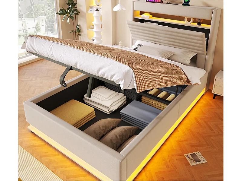 Lit coffre rembourré 90x200 cm - avec port USB Type-C - avec éclairage LED - avec compartiment de rangement - Beige (matelas non inclus)