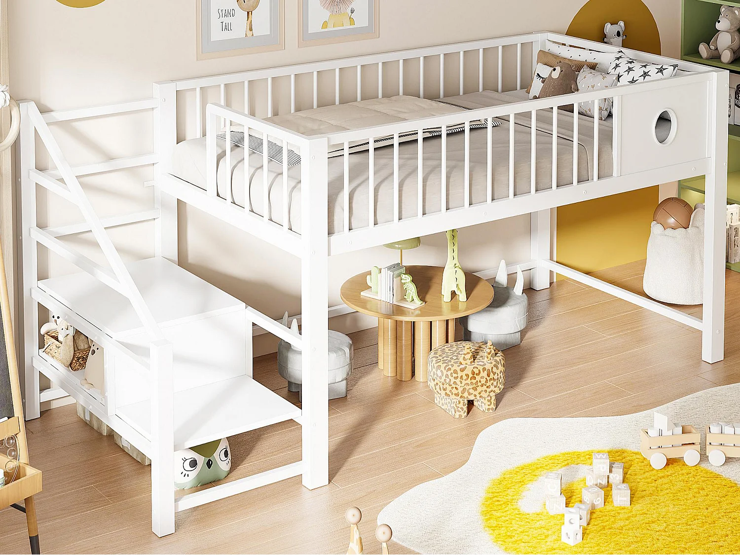 Letto per bambini 90 x 200 cm - con scala di riporre - telaio in metallo - bianco​ (materasso non incluso)