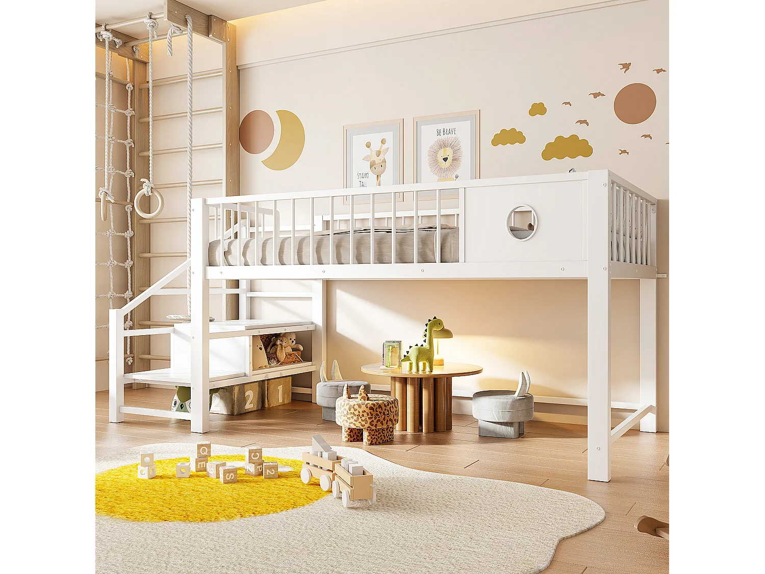 Letto per bambini 90 x 200 cm - con scala di riporre - telaio in metallo - bianco​ (materasso non incluso)